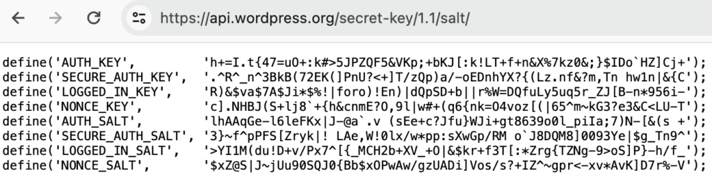 wp-config 솔트 키 생성 API 화면 캡쳐